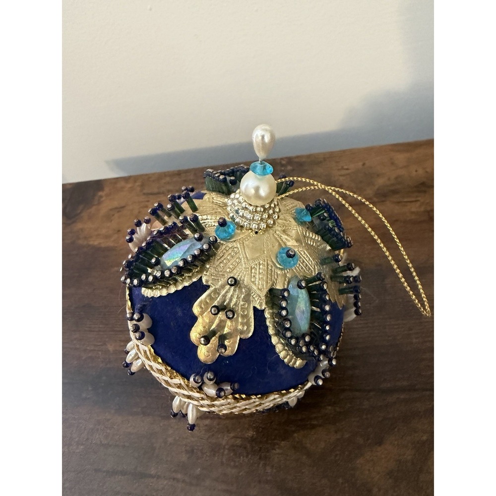 Vintage Beaded Christmas Ornament Blue Velvet Gold Filigree Handmade Decor